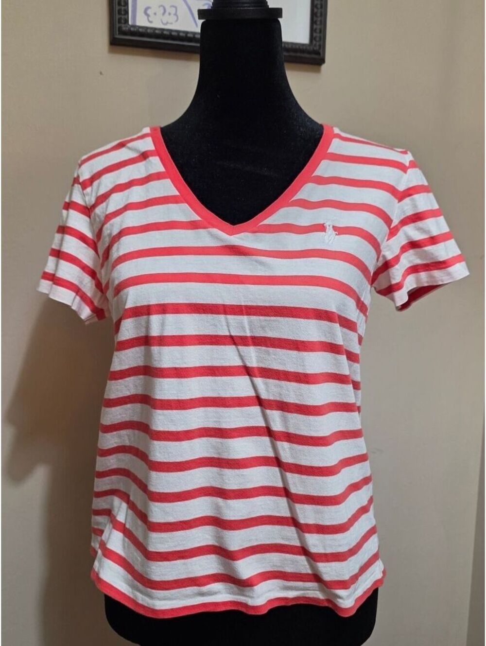 Polo Ralph Lauren Women's Medium Striped V-Neck T-Shirt in White and Coral